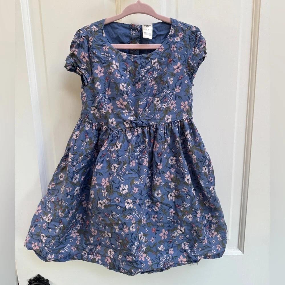 OshKosh B'gosh 4T Girls Blue Floral Kids Short Sleeve Flowy Tie Knot Dress